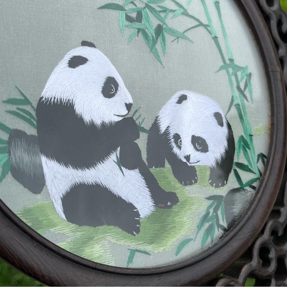 Chinese Panda Suzhou Table Silk Embroidery Double Sided‎ Wooden Screen - Picture 9 of 12